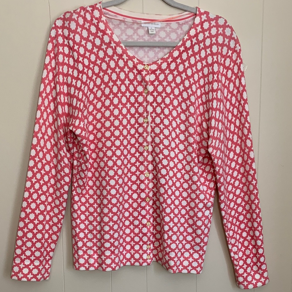 Charter Club Coral and Cream Geometric Cardigan Gold Trim Buttons